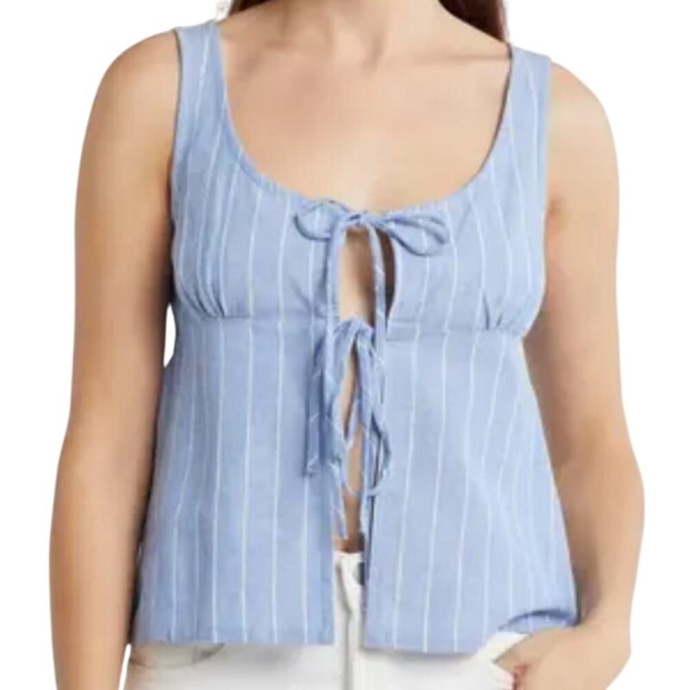 Vigoss Tie Front Linen Blend Top Size M Blue White Stripe Coastal Designer NWOT